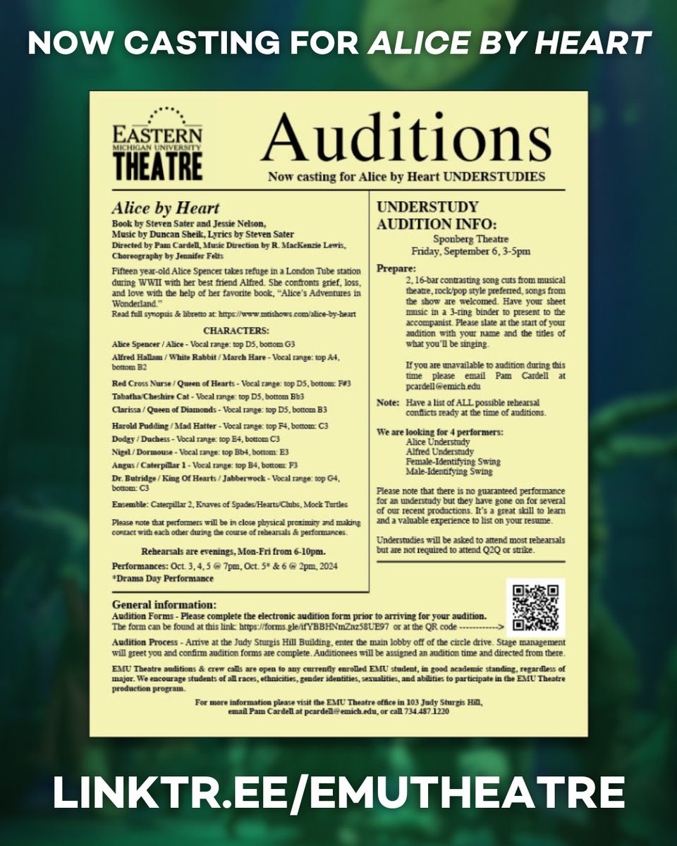 We are looking for #Understudies for our fall musical, #AliceByHeart 🩵 Join us THIS Friday, Sept 6 from 3-5 pm in Sponberg theatre!

See the attachment for more info

🔗 tiny.emich.edu/audition