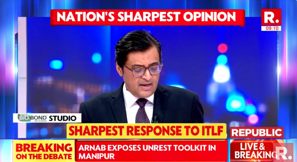 republic's tweet photo. Arnab's Sharpest Response To ITLF Over Manipur Drone Attacks 

The Debate on #NationsSharpestOpinion with Arnab is now #LIVE, on-air, and online. Tune in and fire in your views - https://t.co/a4BgsOXSs9

#Manipur #ManipurNews #Imphal #Kuki #Koutruk https://t.co/yuxIdT1SwZ