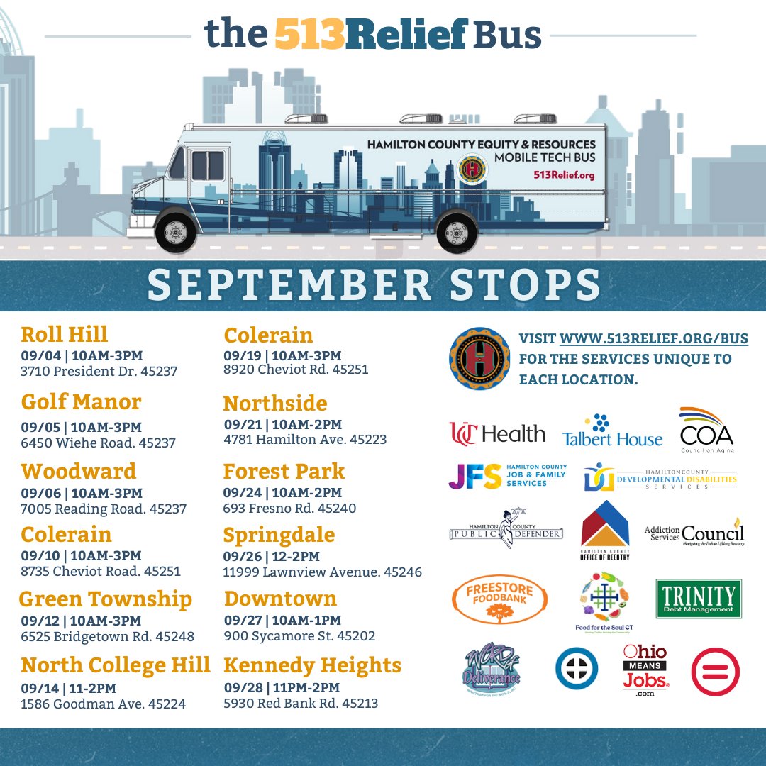 513Relief's tweet image. The 513Relief Bus September Calendar is Here! 📅
This month, we’re bringing essential resources and support to 12 locations throughout the area. With so many stops, you’ll have plenty of nearby opportunities to get the assistance you need! Save and share this post!
#513Relief