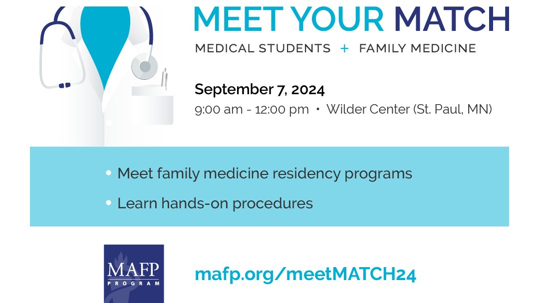 MNFamilyDocs's tweet photo. Med students: 

Meet Your MATCH is THIS Saturday (Sept. 7). 

YOU can meet with 15+ family med residencies from across MN &amp; neighboring states, learn 12+ hands-on procedures + enjoy a continental breakfast.  

No cost! Open-house style. Register at https://t.co/gnFAVv1VRJ #MedEd https://t.co/nDpaAlwSWe