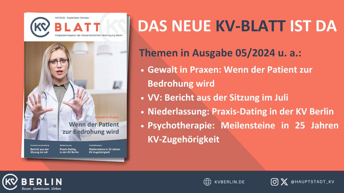 Die neue September-Ausgabe unseres Mitgliedermagazins "KV-Blatt" ist da. Diese und weitere Ausgaben des KV-Blatts finden Sie unter: pulse.ly/tvbpslmjku

#KVBerlin #KVBlatt #Magazin