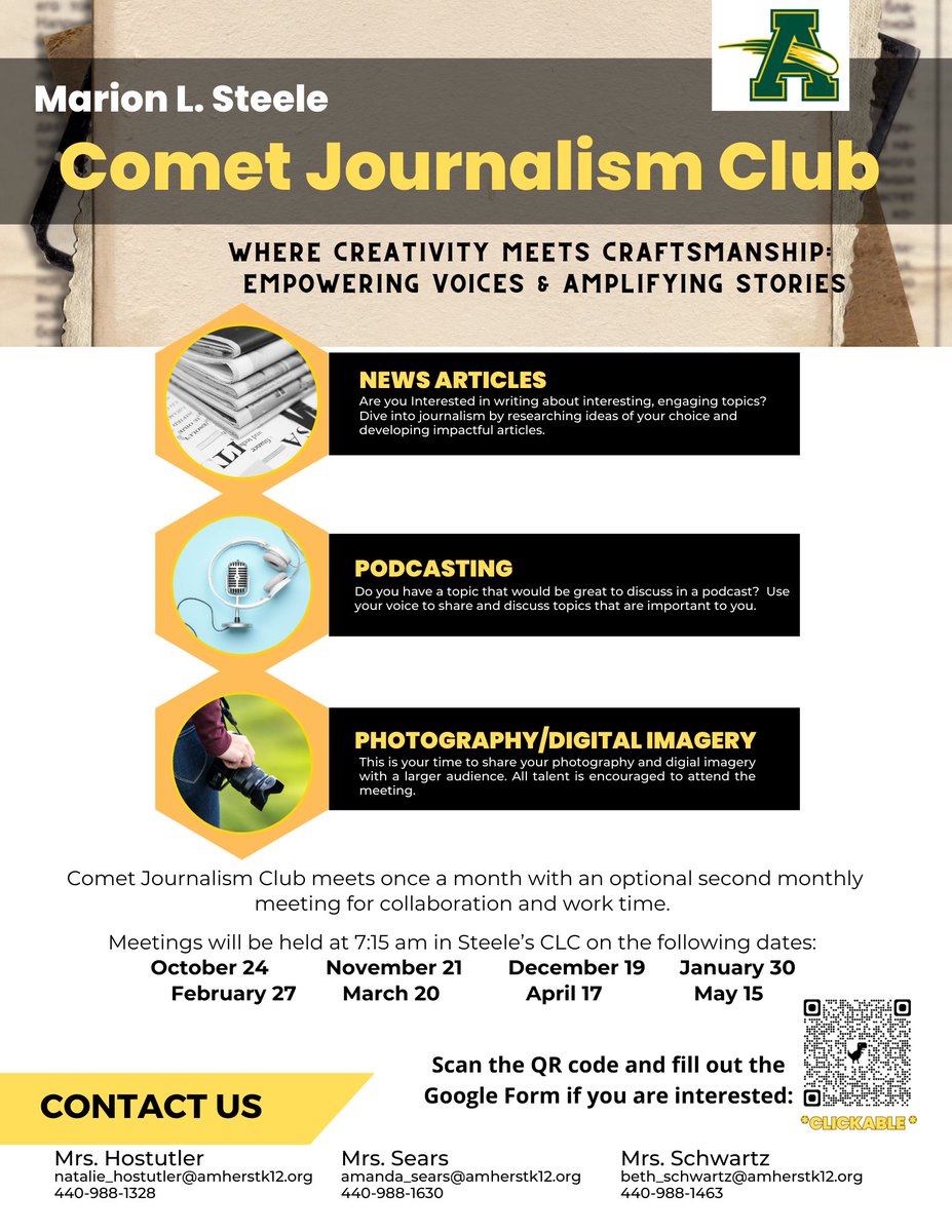 Beth Schwartz (@mrs_schwartz) on Twitter photo Steele, students! Sign-ups for the Comet Journalism Club are now OPEN! 📝 If you're passionate about writing, podcasting or photography, this is your chance to shine. Join us & be part of something amazing! #CometJournalism #HighSchool #JoinTheTeam <a href="/MrsHostutlerELA/">Natalie Hostutler</a> <a href="/edtechsears/">Amanda Sears</a> Steele, students! Sign-ups for the Comet Journalism Club are now OPEN! 📝 If you're passionate about writing, podcasting or photography, this is your chance to shine. Join us & be part of something amazing! #CometJournalism #HighSchool #JoinTheTeam <a href="/MrsHostutlerELA/">Natalie Hostutler</a> <a href="/edtechsears/">Amanda Sears</a>