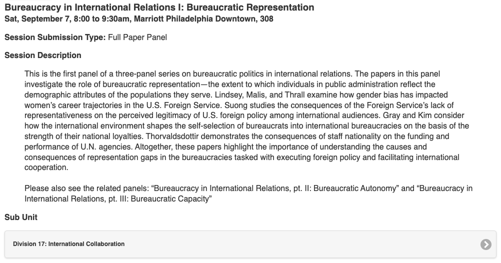 MattMalis's tweet photo. I'm on two great APSA panels on bureaucracy and IR, conveniently back-to-back in the same room on Saturday morning, featuring contributions from: 
@calvinthrall @chsuong @juliacartergray @minjulisettekim @svanhildur @sabrinabarias @jonasbunte @cfbalcazar @KyuwonLee7 ... https://t.co/x8VLXwY9Ge
