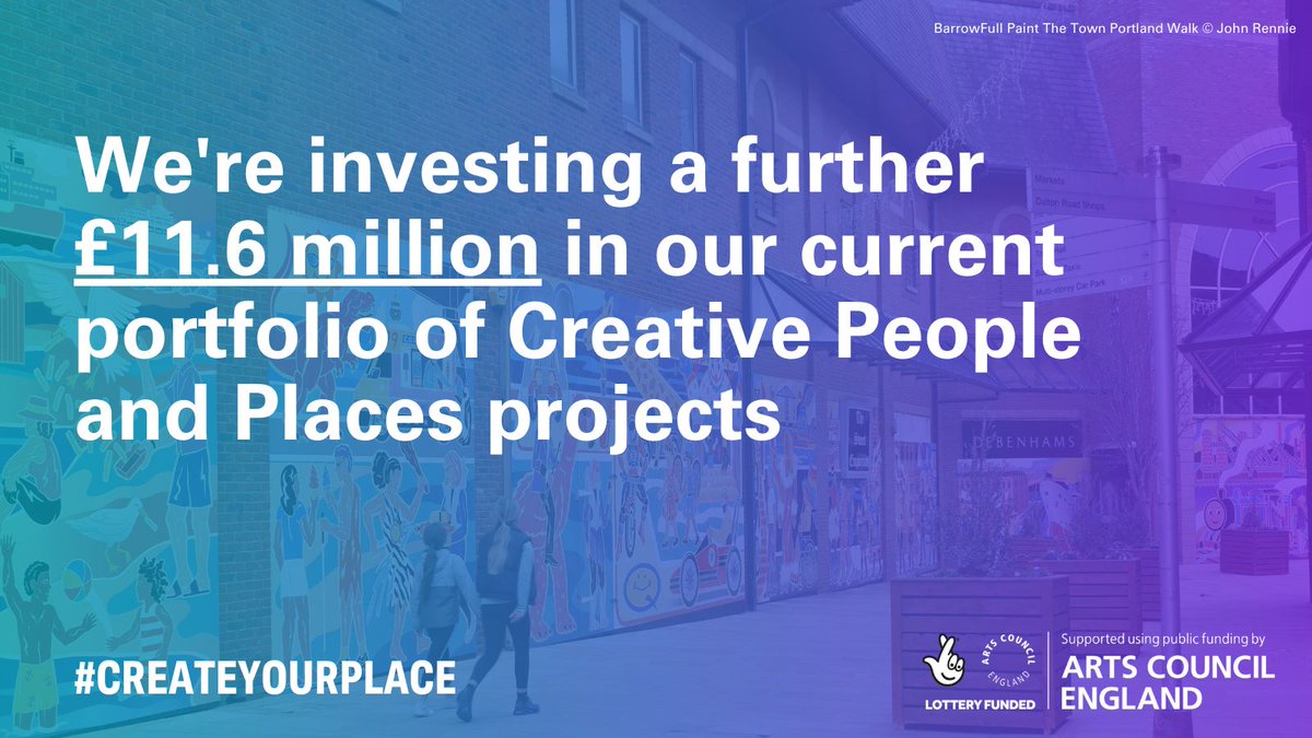 We're investing a further £11.6 million in our current portfolio of Creative People and Places projects, as we've extended the portfolio for a year🎉 

The programme enables communities to choose and take part in creativity &amp; culture available on their doorstep🚪 #CreateYourPlace