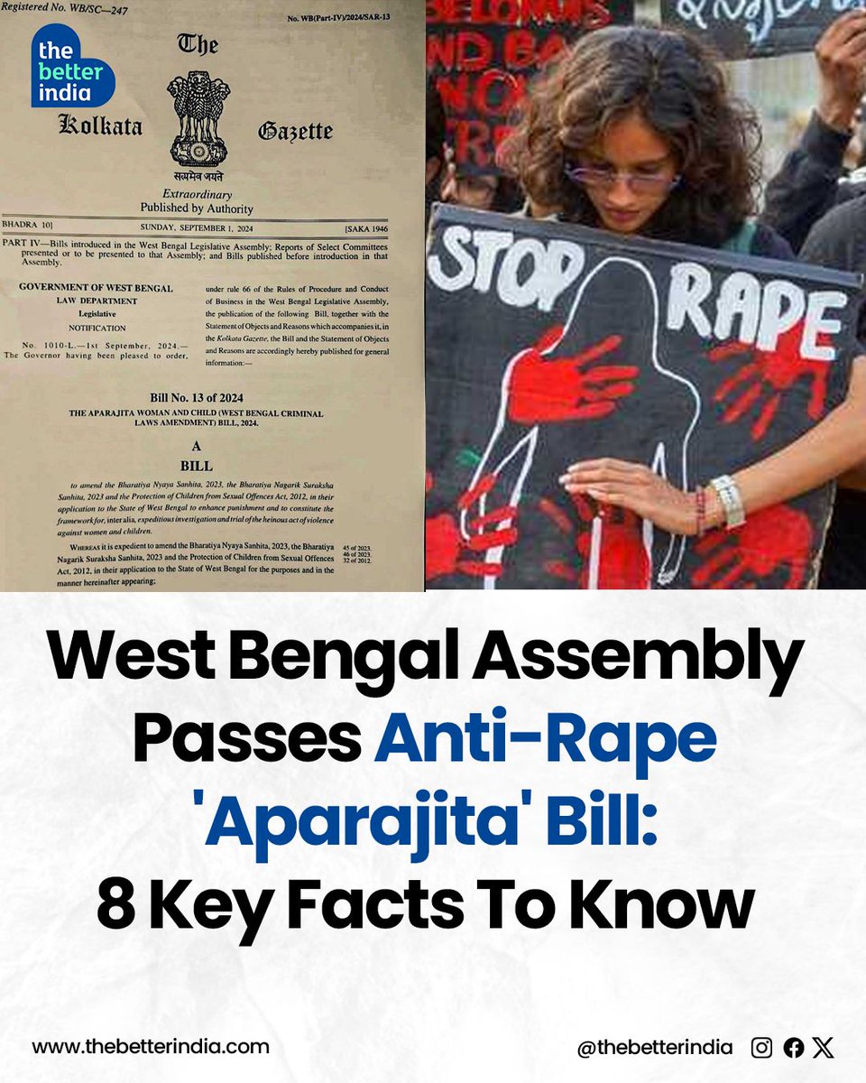 thebetterindia's tweet photo. On 3 September, the West Bengal Legislative Assembly unanimously passed the anti-rape bill. 

#KolkataRapeCase #RGKarMedicalCollege #Aprajita #AntiRapeBill #WestBengal https://t.co/oJWNt6vuPB