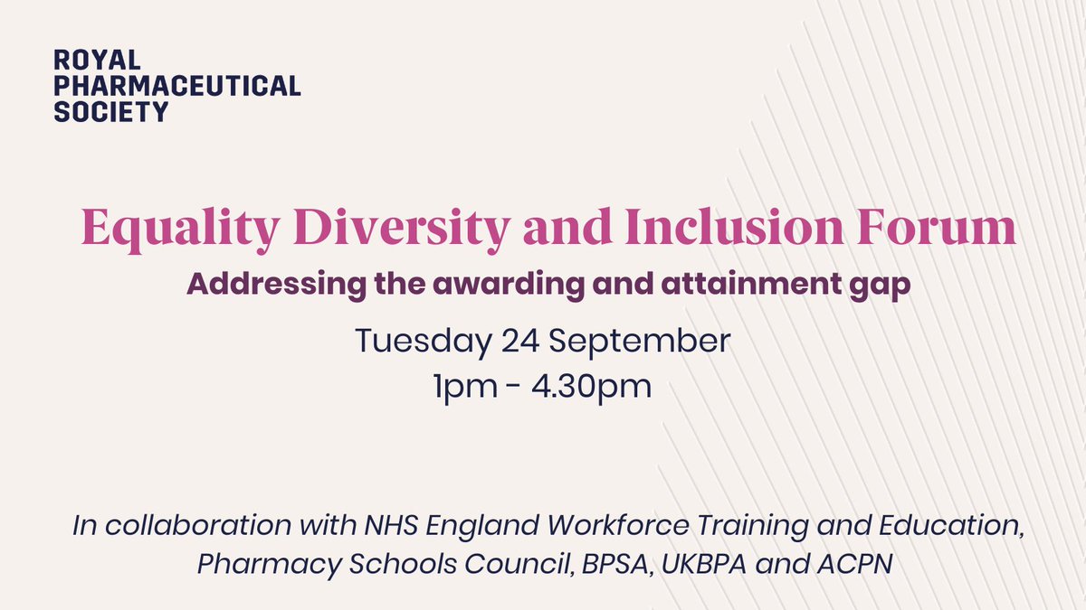 Royal Pharmaceutical Society (@rpharms) on Twitter photo Are you involved with education & training of pharmacy students or foundation trainees? Register for our EDI Forum to attend discussions and workshops on how to address discrimination and create an inclusive culture: bit.ly/3x2Vavu
<a href="/NHSE_WTE/">NHS England Workforce, Training and Education</a> <a href="/BPSA/">The BPSA</a> <a href="/pharmacyHEIs/">Pharmacy Schools Council</a> @UKBPA1 Are you involved with education & training of pharmacy students or foundation trainees? Register for our EDI Forum to attend discussions and workshops on how to address discrimination and create an inclusive culture: bit.ly/3x2Vavu
<a href="/NHSE_WTE/">NHS England Workforce, Training and Education</a> <a href="/BPSA/">The BPSA</a> <a href="/pharmacyHEIs/">Pharmacy Schools Council</a> @UKBPA1