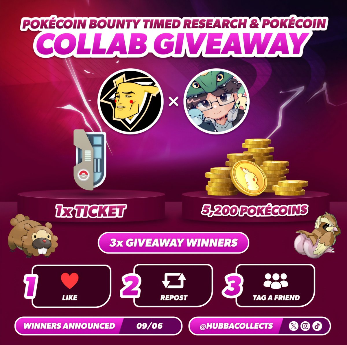 POKEMON GO TICKET RESEARCH GIVEAWAY! 🎉✨

3 Lucky Winners! 🏆

I’m collaborating with <a href="/hubbacollects/">og hubba</a> to give away 5200 PokeCoins and a free research ticket! 🎁💰

TO ENTER:
✅Like ❤️
✅Tag a Friend 🥰
✅Retweet ♻️

Ends 9/6 ⏰
Join discord.gg/pokecoins for an extra entry!