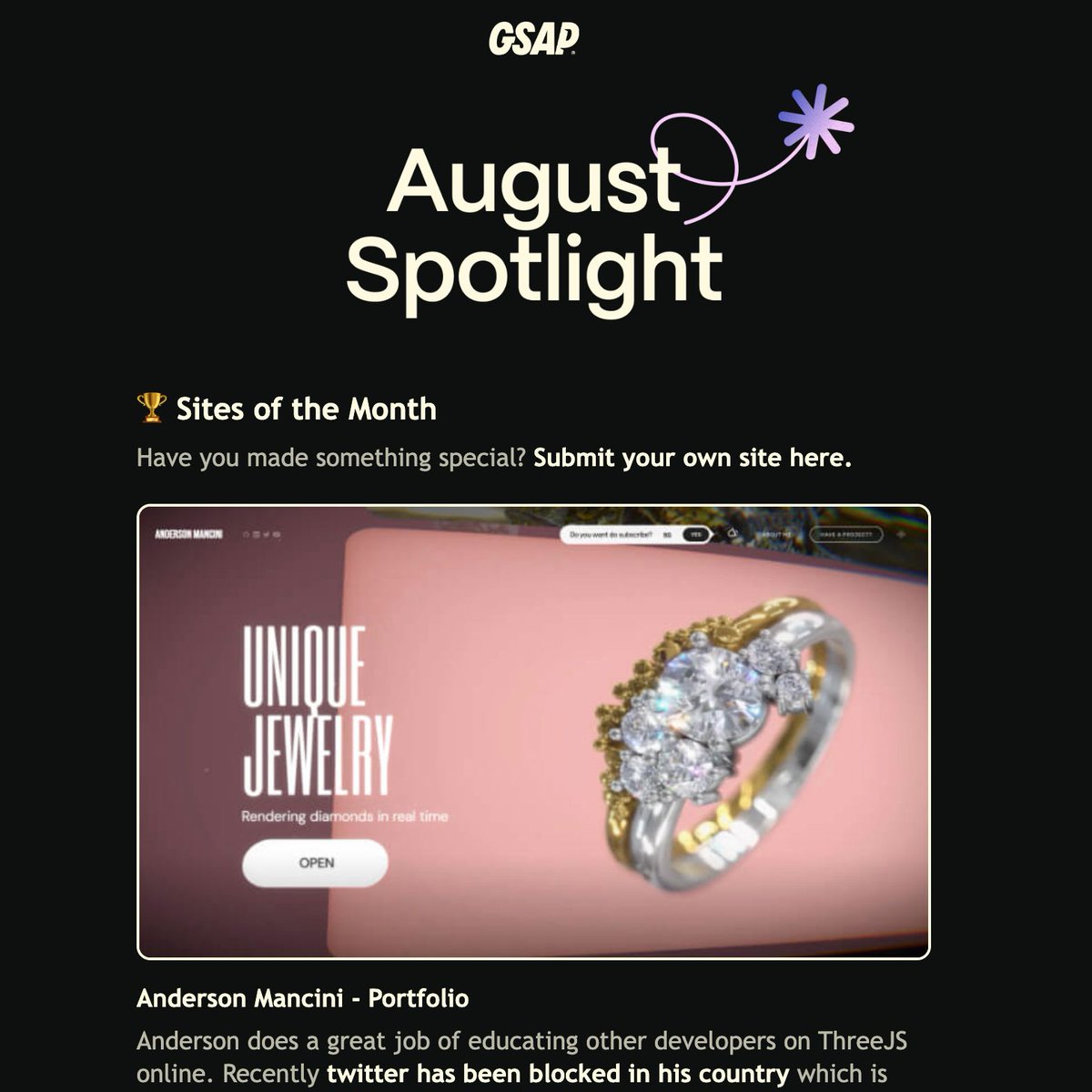 GSAP (@greensock) on Twitter photo 📧 August Spotlight
A11y Champions, Jazzy new GSAP demos and Webflow conf .play()time
buff.ly/3Xqo96S
Featuring work from <a href="/Andersonmancini/">Anderson Mancini</a>, Tom Miller, <a href="/neundex/">Yannis Yannakopoulos</a>, @morantaisabel, <a href="/CosmicShelter/">Cosmic Shelter</a> & crew, <a href="/ashfallstudio/">Ashfall Studio</a>, <a href="/ouiwill_/">oui will</a>, <a href="/beaucoup_studio/">Beaucoup.</a>, @TrostCodes, 📧 August Spotlight
A11y Champions, Jazzy new GSAP demos and Webflow conf .play()time
buff.ly/3Xqo96S
Featuring work from <a href="/Andersonmancini/">Anderson Mancini</a>, Tom Miller, <a href="/neundex/">Yannis Yannakopoulos</a>, @morantaisabel, <a href="/CosmicShelter/">Cosmic Shelter</a> & crew, <a href="/ashfallstudio/">Ashfall Studio</a>, <a href="/ouiwill_/">oui will</a>, <a href="/beaucoup_studio/">Beaucoup.</a>, @TrostCodes,