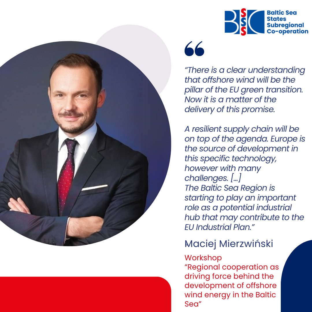 🚨 9 days left until the BSSSC Annual Conference in Kiel! Join Maciej Mierzwiński's workshop on how regional cooperation can drive offshore wind energy in the Baltic Sea.
🗝️-topics: resilient supply chains, EU legislation &amp; local government roles.
✍️ @ bsssc.com!