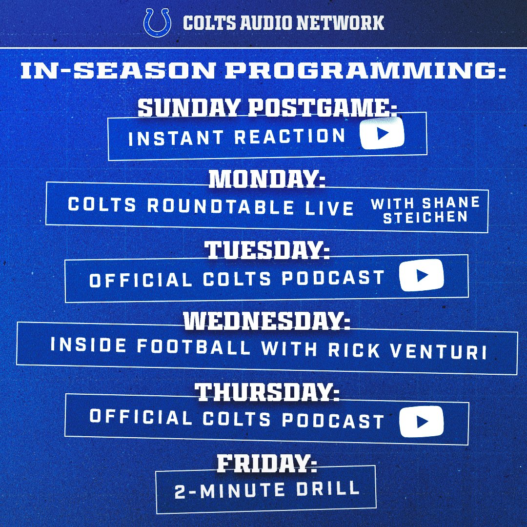 JJ Stankevitz (@jjstankevitz) on Twitter photo Our in-season podcast lineup is set on the <a href="/Colts/">Indianapolis Colts</a> Audio Network. Follow along with us all year, and be sure to subscribe, rate & review us on whatever platform you use, including ⬇️
Apple: podcasts.apple.com/us/podcast/col…
Spotify: open.spotify.com/show/68S2i381y…
YT: youtube.com/@colts/podcasts Our in-season podcast lineup is set on the <a href="/Colts/">Indianapolis Colts</a> Audio Network. Follow along with us all year, and be sure to subscribe, rate & review us on whatever platform you use, including ⬇️
Apple: podcasts.apple.com/us/podcast/col…
Spotify: open.spotify.com/show/68S2i381y…
YT: youtube.com/@colts/podcasts