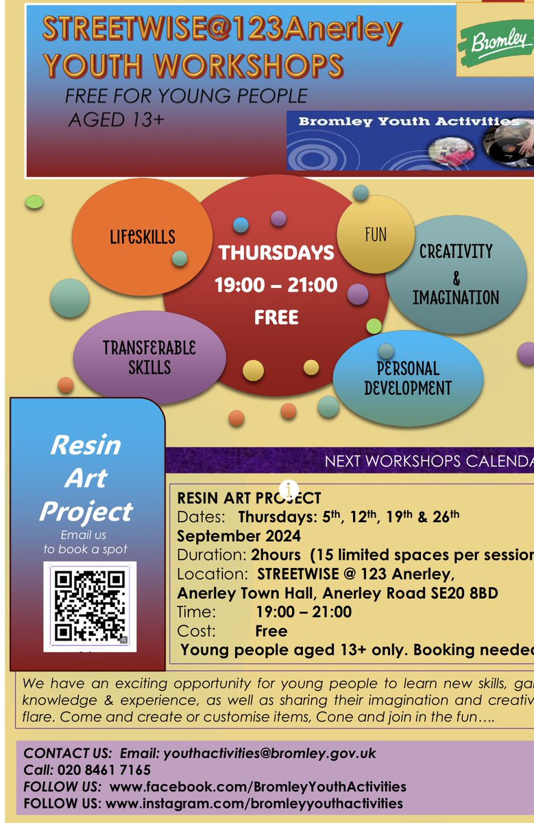 Out West Hub @ Streetwise @ 123 Anerley reopens this week!

We have a special project running on a Thursday for young people 13 and over, a 4 week resin art craft project. This is open 7pm to 9pm and places must be booked via the qr code - sign up soon as places are limited…