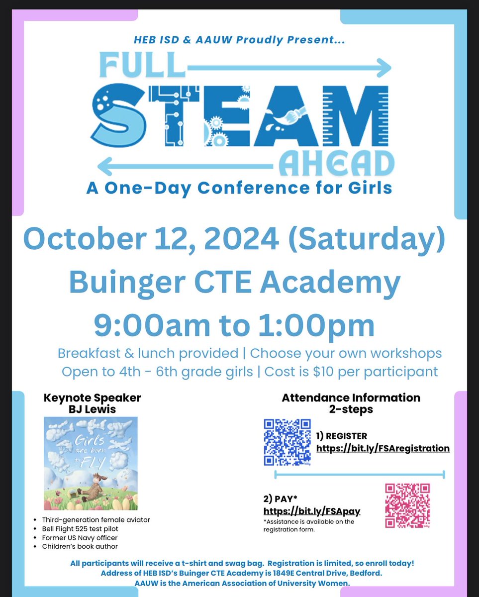 ATTENTION, Full STEAM Ahead! Girls in grades 4 - 6 are invited to participate in a one-day conference full of activities, engaging speakers, challenges and more!  You don't want to miss this opportunity and spaces are limited! 
Register today!