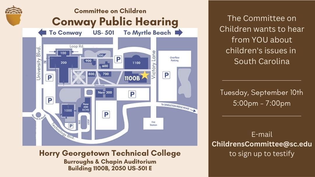 Committee on Children (@commchildren) on Twitter photo Did you know this is the first time the Committee has visited Conway? Don't miss your chance to inform policy by testifying to the Committee. Email childrenscommittee@sc.edu to sign up to testify. Did you know this is the first time the Committee has visited Conway? Don't miss your chance to inform policy by testifying to the Committee. Email childrenscommittee@sc.edu to sign up to testify.