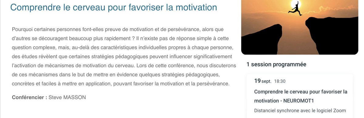 Je donnerai une conférence en ligne sur la motivation le 19 septembre à 18h30 (heure de France) / 12h30 (heure du Québec). Plus d'info ici : ifparis.org/conferences/#