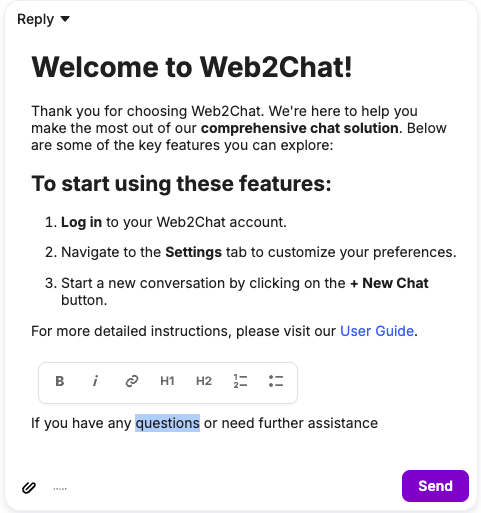 KhushhalGupta's tweet photo. 🚀 Exciting news for Web2Chat users! I've just upgraded the inbox compose feature. Now, you can craft messages with robust formatting options, thanks to @tiptap_editor. Crafting clear and impactful communications just got easier! Check out the new capabilities and let me know what you think!  #BuildInPublic