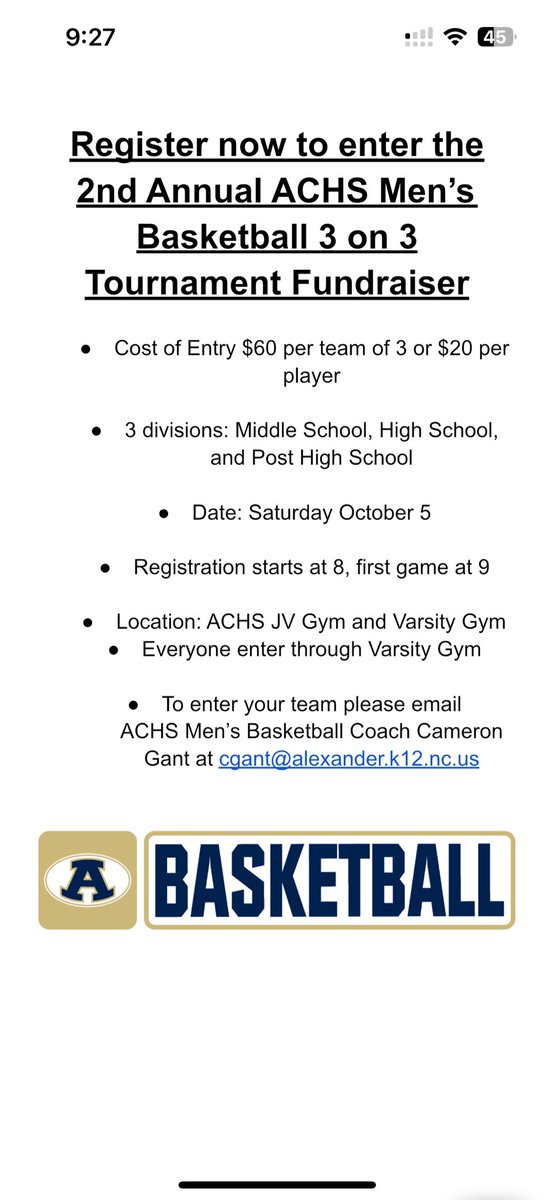 ACHS Men's Hoops (@acmenshoops) on Twitter photo 🚨🚨 Date has been announced for our 2nd Annual 3 on 3 tournament! Saturday October 5 starting at 8am! Email Head Coach Cam Gant at cgant@alexander.k12.nc.us to get your team registered!! 🚨🚨 Date has been announced for our 2nd Annual 3 on 3 tournament! Saturday October 5 starting at 8am! Email Head Coach Cam Gant at cgant@alexander.k12.nc.us to get your team registered!!