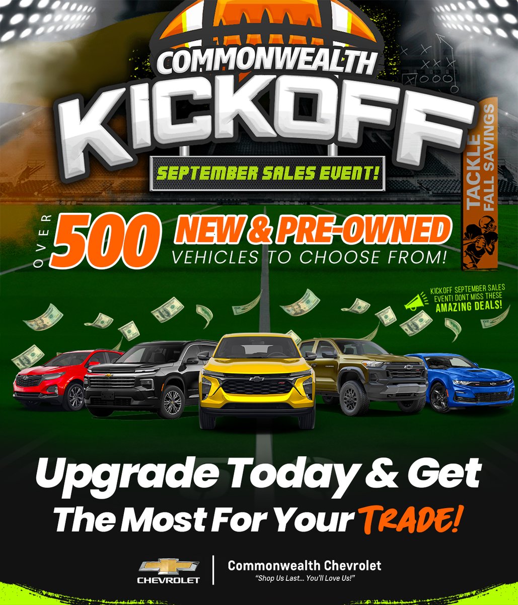 Cm_Chevrolet1's tweet image. 🏈 This September, drive away with a win on our new and pre-owned vehicles. Whether you’re gunning for a brand-new Chevy or tackling the road in a dependable pre-owned, now's your chance to score big with fall savings.  CommonwealthChevrolet.com 

#ChevyKickOff #TouchdownSavings