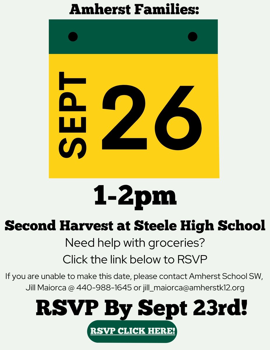 Sept 26th is the Amherst Schools - Second Harvest Food Distribution for Amherst families.  See Flyer below.
RSVP HERE: forms.gle/RDRz85cfXZPUKG…