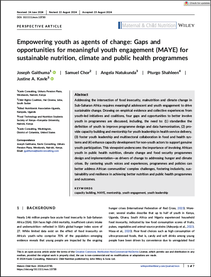Kavle Consulting (@kavleconsult) on Twitter photo 1/📢New article! Our🆕perspective📰<a href="/mcnjournal/">Victoria Hall Moran</a>- led by African nutrition youth leaders 🇰🇪🇺🇬🇸🇸- we✅gaps & opportunities for meaningful youth engagement- in sub-Saharan Africa🌍to empower #youth as change agents for #nutrition #climate #publichealth
Access👉bit.ly/3z4dAgj 1/📢New article! Our🆕perspective📰<a href="/mcnjournal/">Victoria Hall Moran</a>- led by African nutrition youth leaders 🇰🇪🇺🇬🇸🇸- we✅gaps & opportunities for meaningful youth engagement- in sub-Saharan Africa🌍to empower #youth as change agents for #nutrition #climate #publichealth
Access👉bit.ly/3z4dAgj