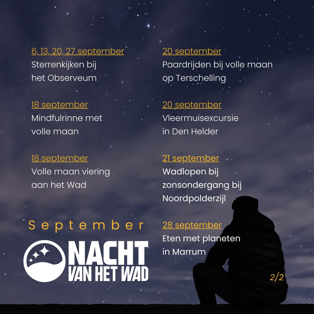Na een zomer vol lange (lichte!) zomeravonden keert het donker langzaamaan weer terug. Ideaal voor nachtactiviteiten! En die zijn er weer volop in de komende maand. Bekijk en boek de activiteiten via: nachtvanhetwad.nl/activiteiten/
#donkerte #nachtvanhetwad #waddenzee #lichtvervuiling