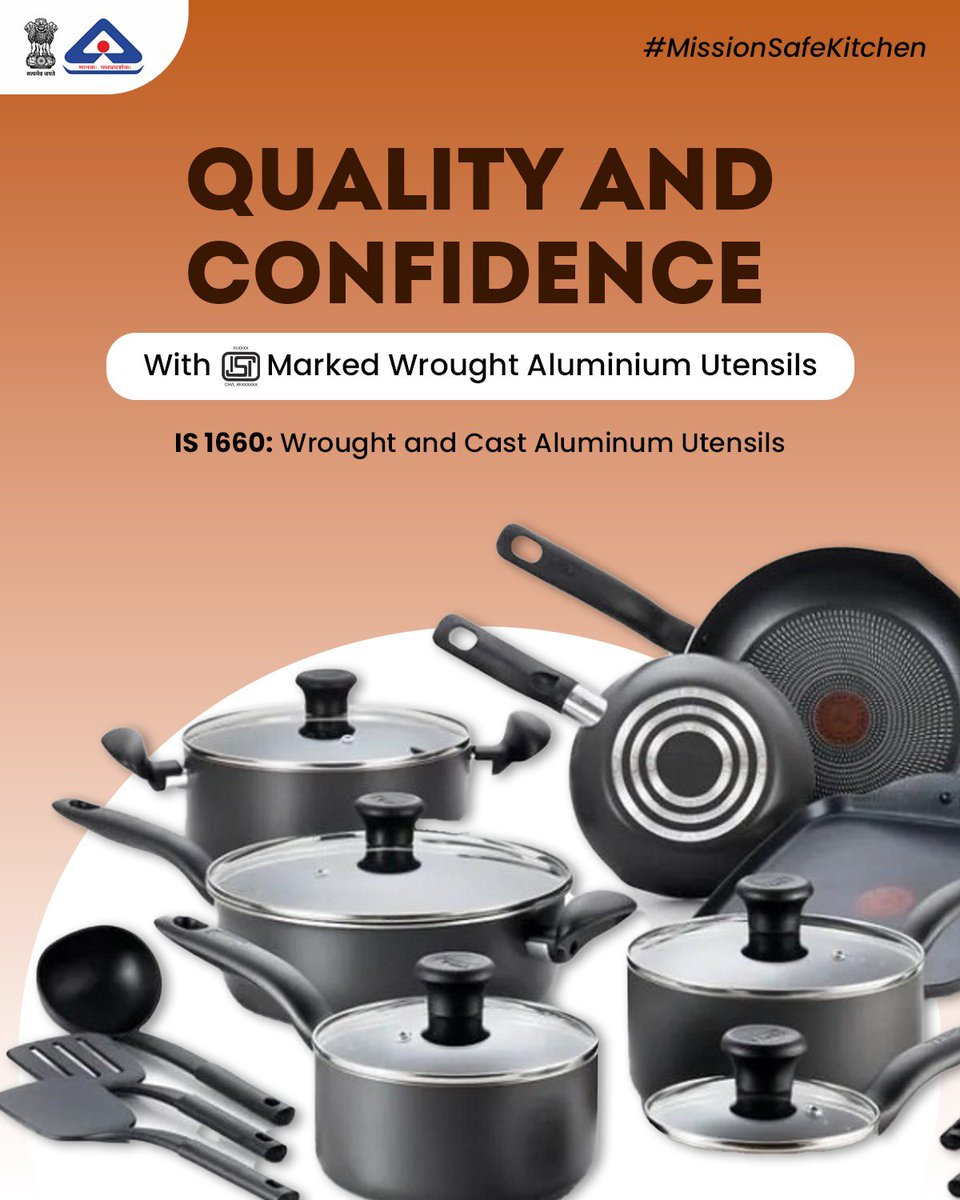 IndianStandards's tweet image. Quality is important, especially when it comes to your kitchen utensils. IS 1660 ensures the quality of Wrought and Cast Aluminum Utensils.

Ensure that you look for ISI Mark before making a purchase.

#BIS #ISIMark #kitchenutensils #MissionSafeKitchen