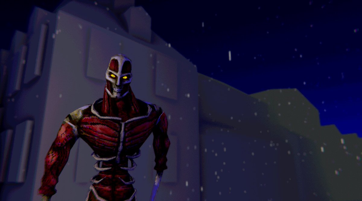 H8nter's tweet photo. a little in-game screenshot (pardon the block-out buildings) from the new overhaul of skinless i'm working on. #SKINLESS #gamedev #retro3D #indiedev #reversehorror #RPG #immersivesim https://t.co/8RxTQD6TFN