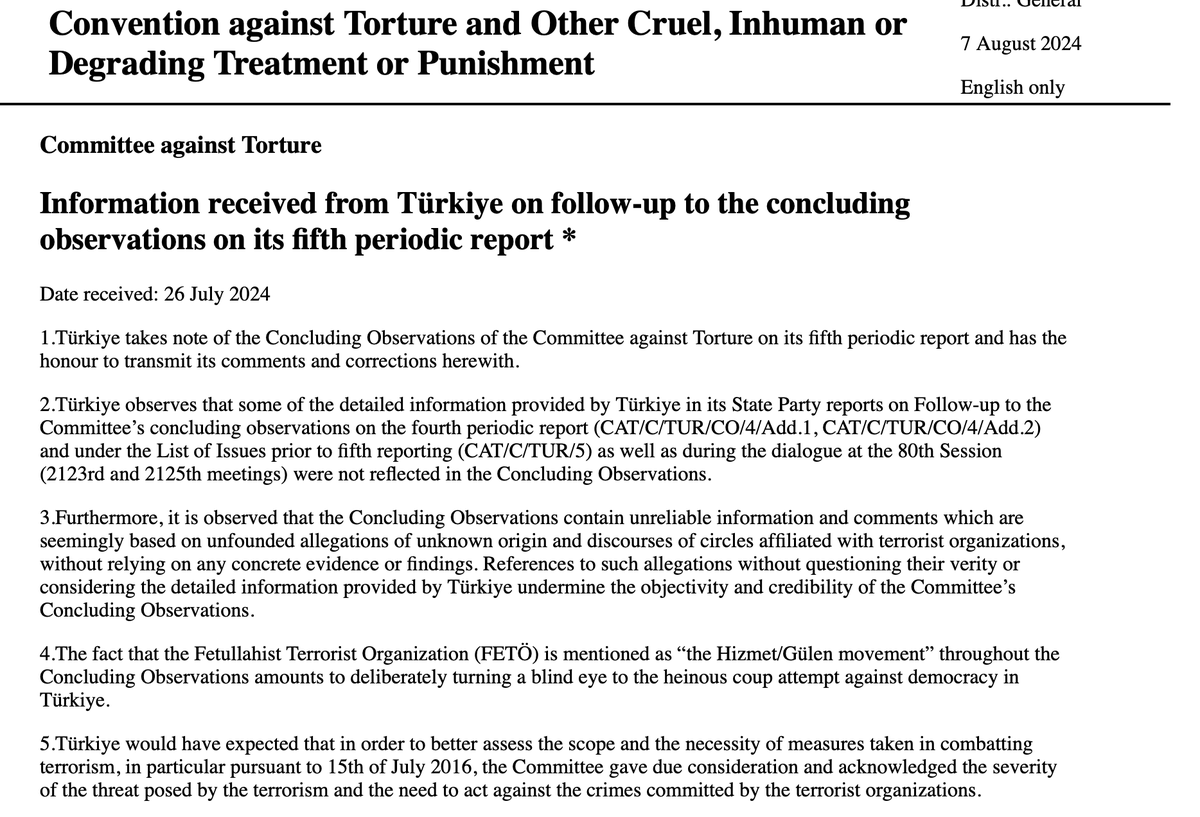 iahrageneva's tweet photo. #Crack in the #Turkish government narrative against the Hizmet/#Gülen Movement: no one believes you outside of Türkiye!

The #UN #CommitteeagainstTorture used in its recent concluding observations the terminology “Hizmet/#Gülen Movement”.

Heinous and furious, Turkish authorities attacked the objectivity and credibility of the 10 #UN #Independent #experts claiming that the “Concluding Observations contain unreliable information and comments which are seemingly based on unfounded allegations of unknown origin and discourses of circles affiliated with terrorist organizations, without relying on any concrete evidence or findings. References to such allegations without questioning their verity or considering the detailed information provided by Türkiye undermine the objectivity and credibility of the Committee.”

Turkish authorities stated that “the fact that the Fetullahist Terrorist Organization (FETÖ) is mentioned as “the Hizmet/Gülen movement” throughout the Concluding Observations amounts to deliberately turning a blind eye to the heinous coup attempt against democracy in Türkiye”.

Gerçeklerin er yada geç ortaya çıkmak gibi bir huyu vardır / The truth has a habit of coming out, sooner or later!