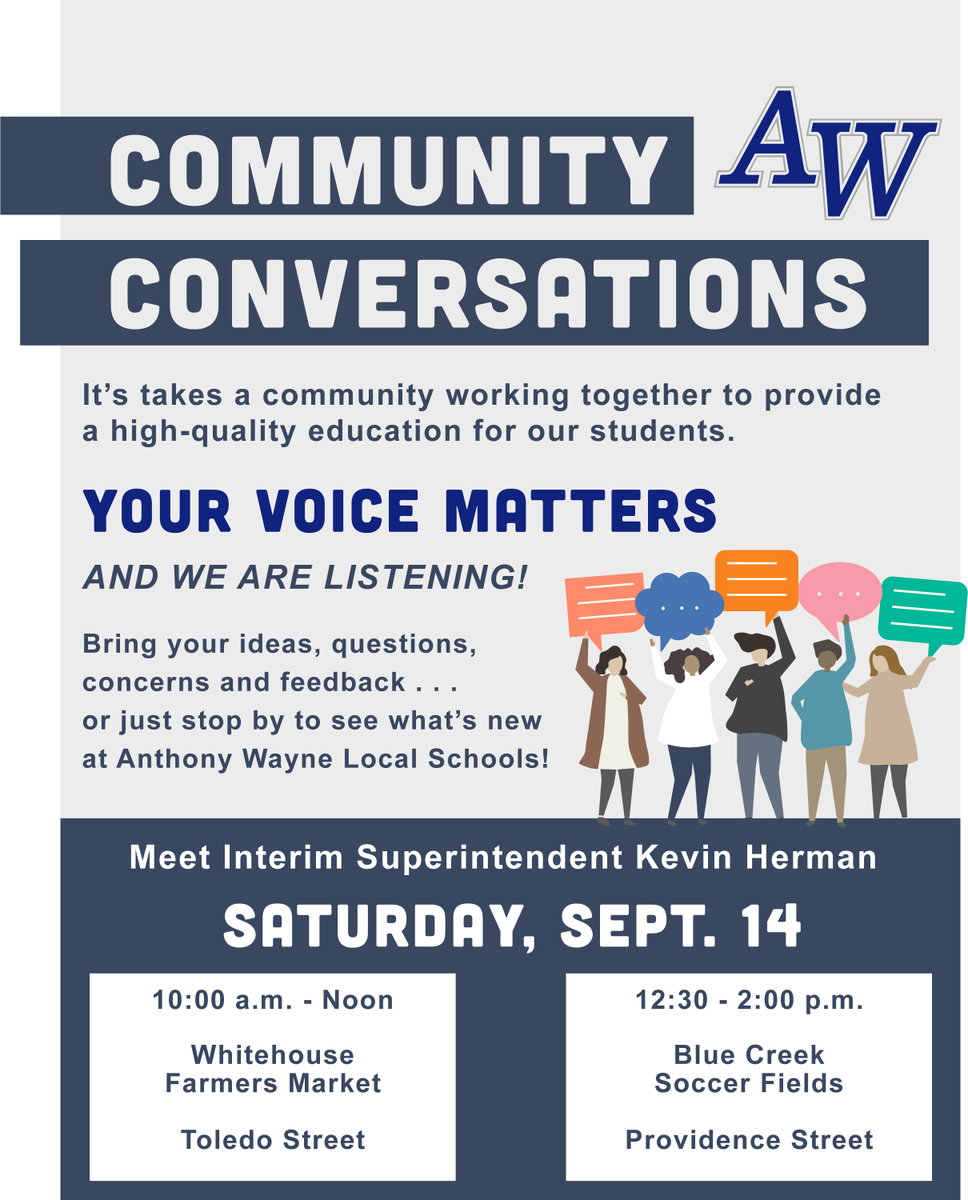 NEW! Join Interim Superintendent Kevin Herman for the District's first Community Conversations on September 14. Drop in to share your ideas, questions and feedback.

We look forward to talking with you!