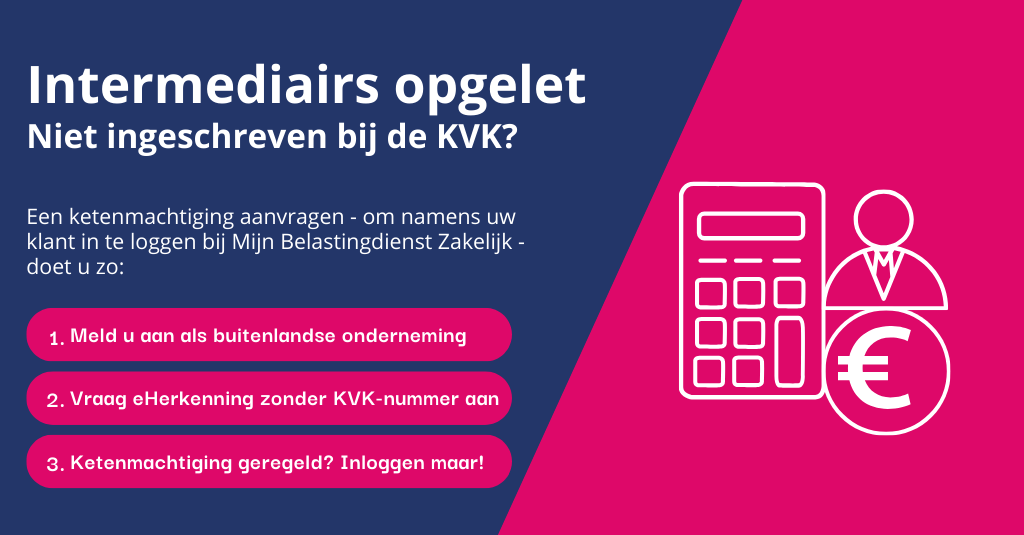 ❗| 𝗜𝗻𝘁𝗲𝗿𝗺𝗲𝗱𝗶𝗮𝗶𝗿𝘀 𝗼𝗽𝗴𝗲𝗹𝗲𝘁

Niet ingeschreven bij de <a href="/KVK_NL/">Kamer van Koophandel</a>, maar dient u namens uw klant in te loggen op Mijn <a href="/Belastingdienst/">Belastingdienst</a> Zakelijk? Geen zorgen, sinds kort kunt u met een ketenmachtiging eenvoudig toegang krijgen.

Stappenplan:
➡️ eherkenning.nl/nl/ketenmachti…