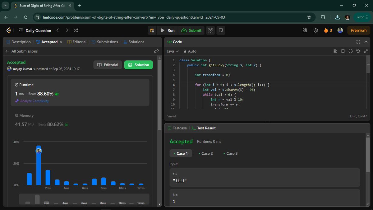 _Sanjay__kumar_'s tweet photo. // September 03, 2024, Tuesday              
// 1945. Sum of Digits of String After Convert 
#leetcode #Coding_Sanjay #Java #daily_problem https://t.co/V0znPQL6Jg