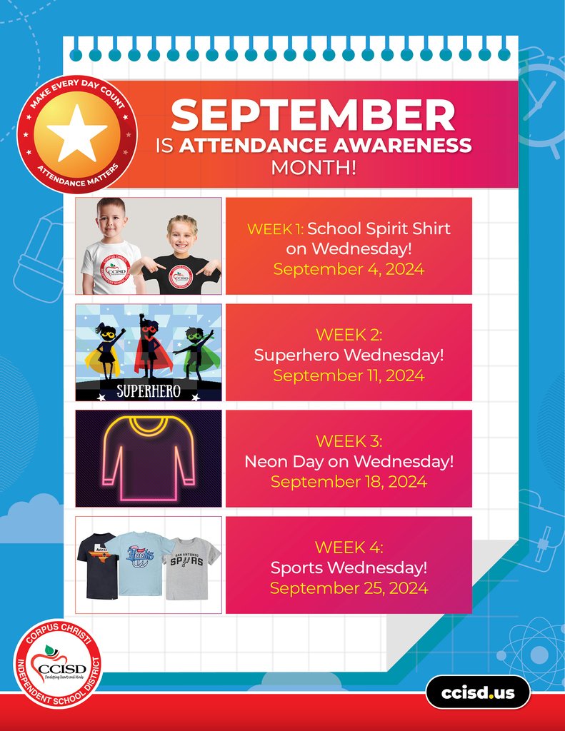 Let's make every day count! 👏

September is Attendance Awareness Month! This week, let's show our school spirit. 🎉