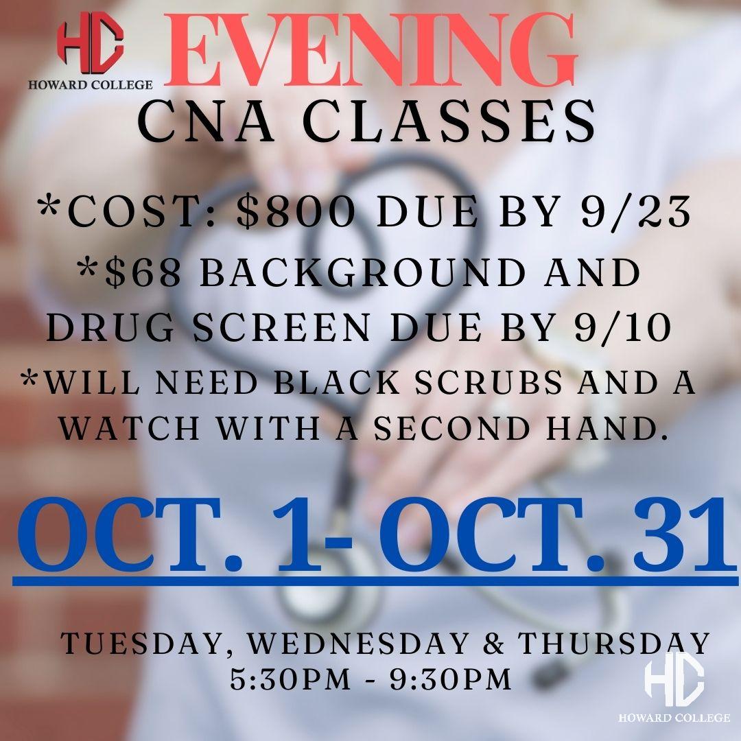 HC_Lamesa's tweet photo. Evening CNA Class. Lamesa Campus. Clinicals in Big Spring on November 2nd, 3rd, 9th, 10th, 16th &amp; 17th. 
For more information call 432-264-5681 or email Ashtin Sifuentes at asifuentes@howardcollege.edu https://t.co/z5drPndh6K