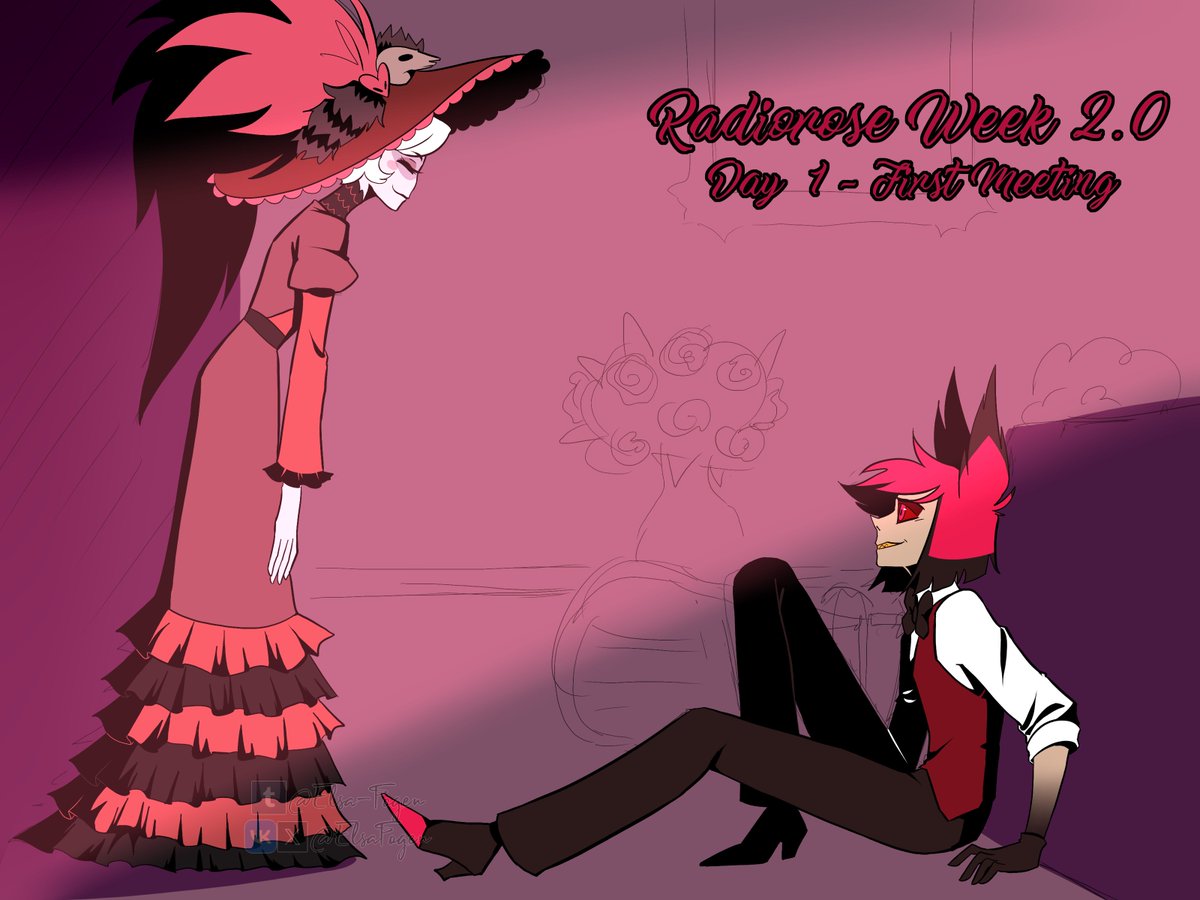 ElsaFogen's tweet image. you missed me? admit it, you missed me
hi twitter long time no see
i have a whole comic about their meeting on my tumblr btw
in short: Alastor fell through her roof
#hazbin #HazbinHotel #alastorhazbinhotel #rosiehazbinhotel #radiorose  #RadioRose2024 #RadioRoseWeek