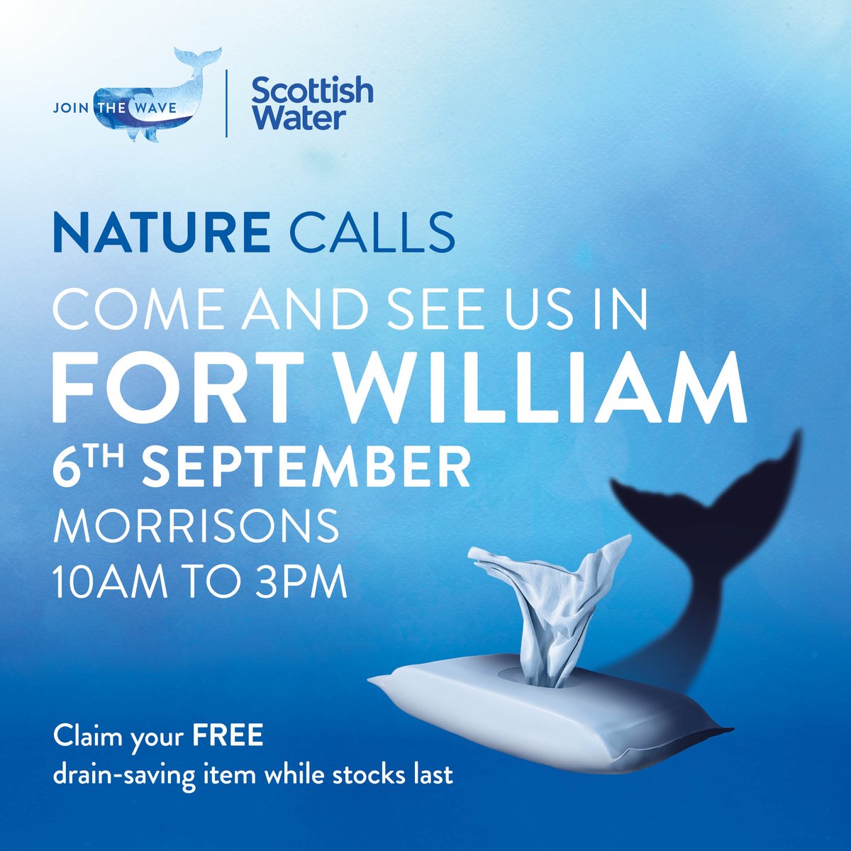ScotWaterNorth's tweet image. Come &amp;amp; see us in #FortWilliam. We’ll be in Morrisons, An Aird Road, 6 September, from 10am-3pm. Chat to our friendly team about our #NatureCalls campaign - pick up a free gunk pot, bathroom bin or reusable wipes pack (while stocks last)!

Visit: yourwateryourlife.co.uk/events