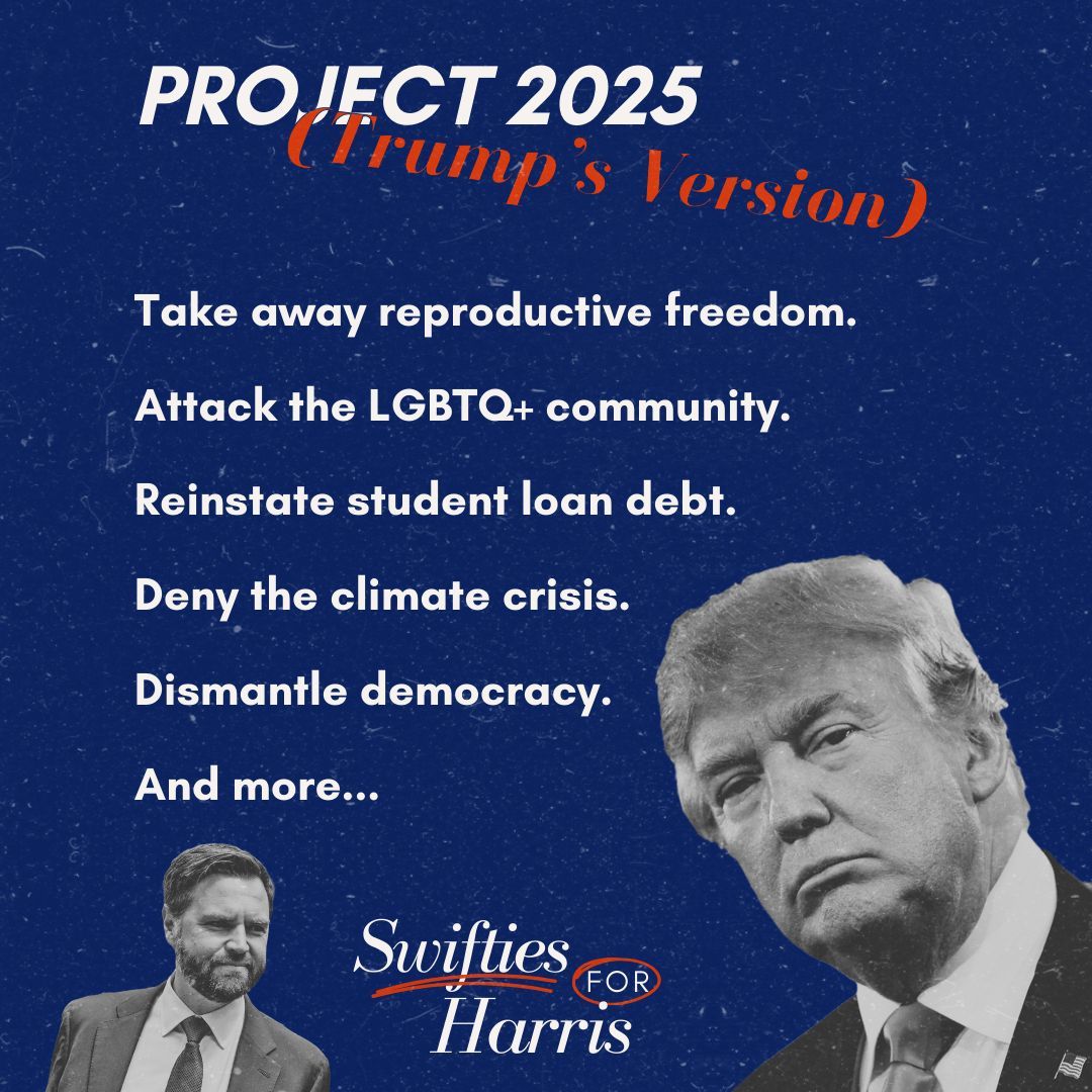 Swifties for Harris (@swiftie4harris) on Twitter photo Donald Trump's extreme Project 2025 agenda threatens our rights, our democracy, and our future. Each of us must use our voice – vote for <a href="/KamalaHarris/">Kamala Harris</a> to stop #TrumpsProject2025.
Send this to everyone you know: trumpsproject2025.com
#SwiftiesForHarris #SwiftiesForKamala Donald Trump's extreme Project 2025 agenda threatens our rights, our democracy, and our future. Each of us must use our voice – vote for <a href="/KamalaHarris/">Kamala Harris</a> to stop #TrumpsProject2025.
Send this to everyone you know: trumpsproject2025.com
#SwiftiesForHarris #SwiftiesForKamala
