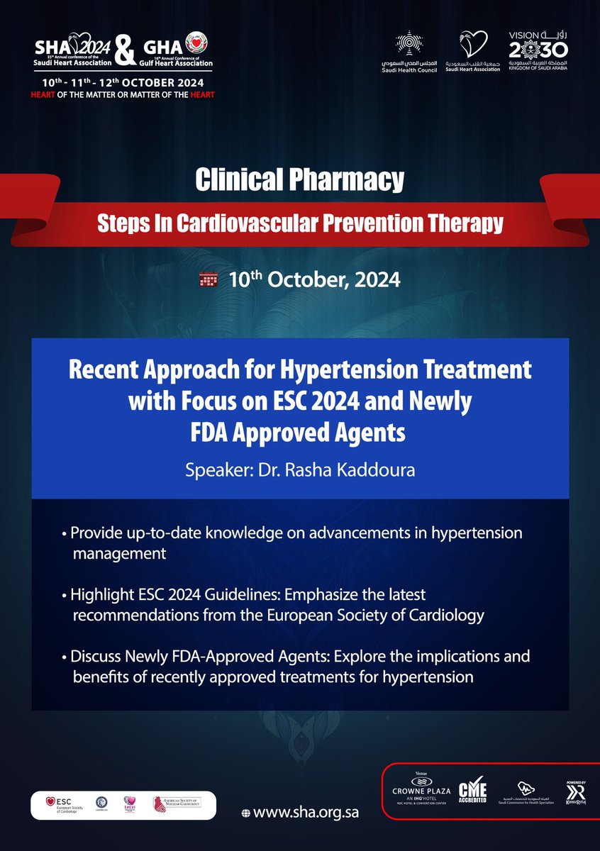 Join the Clinical Pharmacy Group at the SHA &amp; GHA 2024 Annual Conference, scheduled for October 10-12, 2024, at the Crowne Plaza RDC Hotel in Riyadh. This is an excellent opportunity to delve into the latest advancements in cardiovascular pharmacotherapy management.
