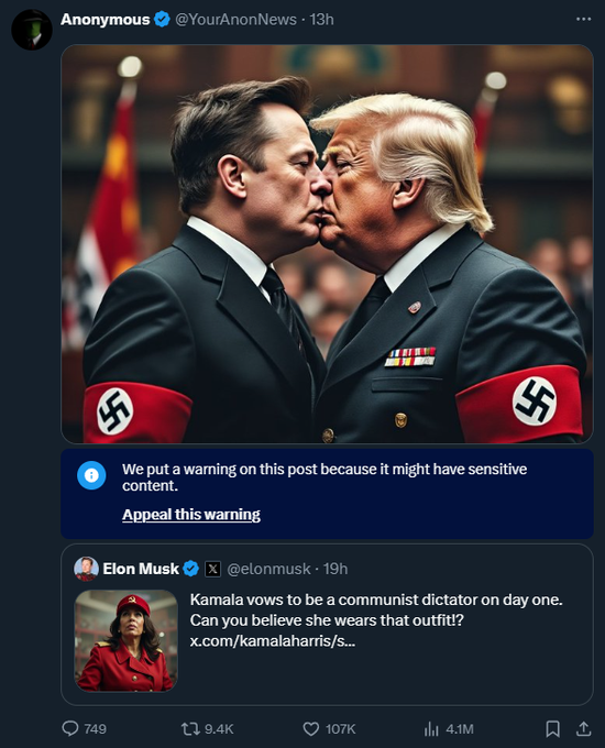 YourAnonNews's tweet photo. Fun fact. You can't propose to be a free speech absolutist and then censor people.  You can't claim that the Republicans are for free speech and first amendment rights while they actively ban books and take away women's body autonomy. Anyone with a brain knows you're full of shit.