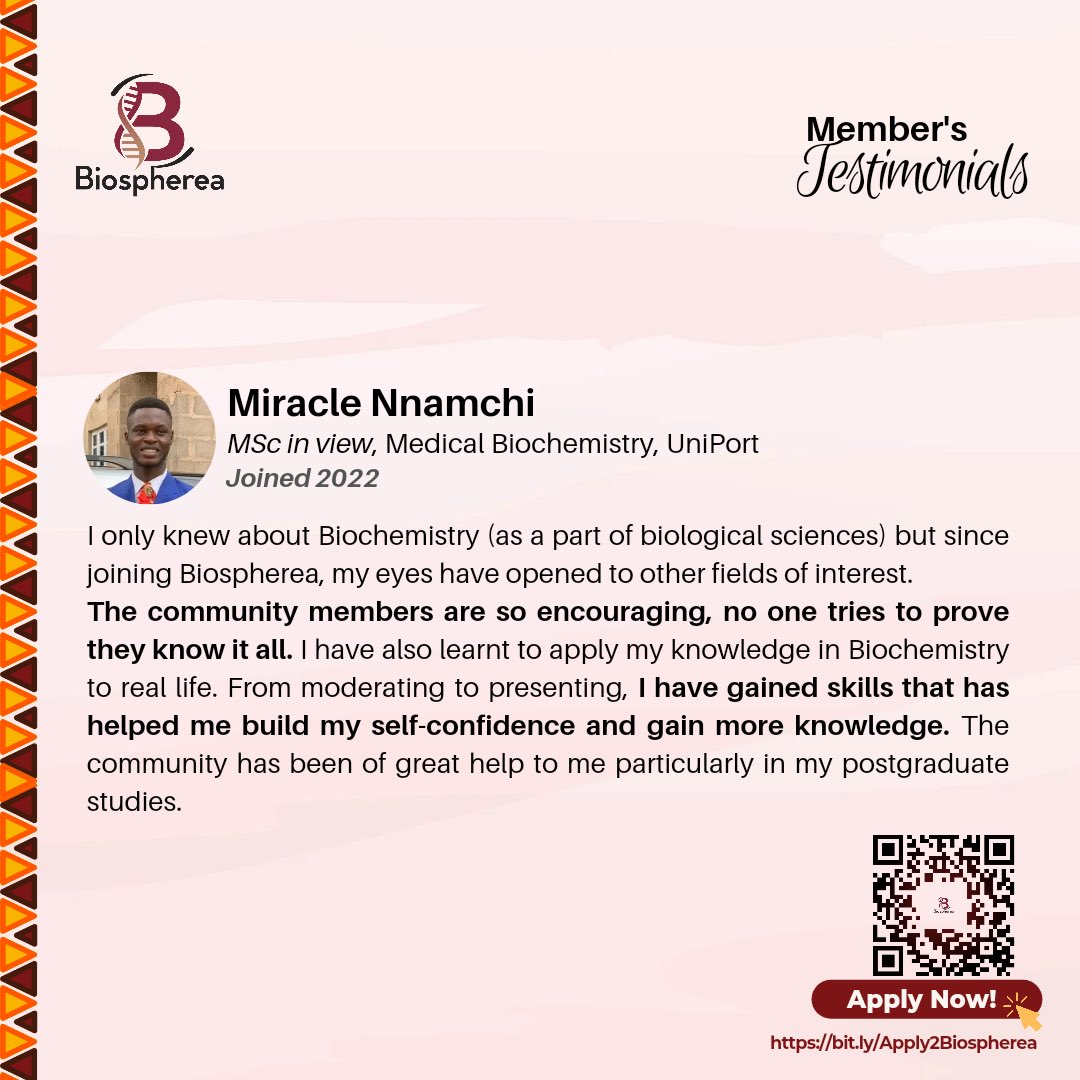 Biospherea (formerly Science Café) (@biosphereafrica) on Twitter photo Check out <a href="/miracle_nnamchi/">Nnamchi Miracle</a>’s #myBiosphereaStory, and follow in his footsteps.
Applications are still open: bit.ly/Apply2Biospher…
Application guide: youtu.be/-pzlcacYH28
Join a community that fosters your all-round growth👍.
#MyBiosphereaStory #JoinBiospherea #Community Check out <a href="/miracle_nnamchi/">Nnamchi Miracle</a>’s #myBiosphereaStory, and follow in his footsteps.
Applications are still open: bit.ly/Apply2Biospher…
Application guide: youtu.be/-pzlcacYH28
Join a community that fosters your all-round growth👍.
#MyBiosphereaStory #JoinBiospherea #Community