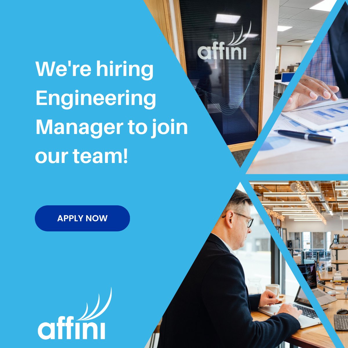 💡 We're Hiring! 💡

Affini Technology Ltd is looking for an experienced Engineering Manager to lead and manage the Engineering team.

Apply today by emailing HR@Affini.co.uk
🗓️ Closing date: 13th September 2024
#Hiring #EngineeringManager