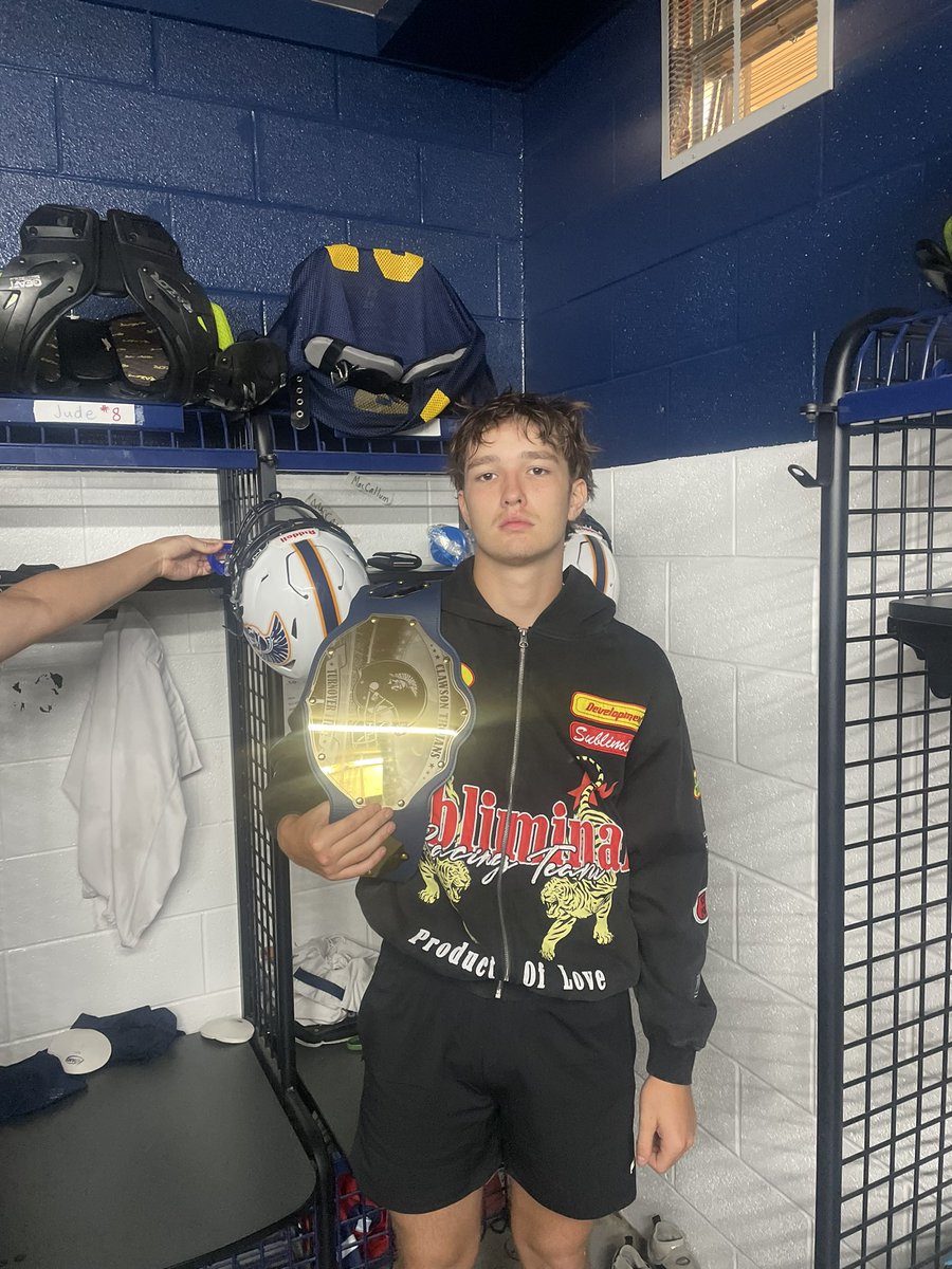 Week 1 DPOTW and Turnover Title winner SR DE Jacob MacCallum! Jacob turned the momentum of the game around with his Sack Fumble in the 2nd half to help take control of the game against Perry! This marks the 3rd time Jacob has won the belt! He is the first to win it 3 times!