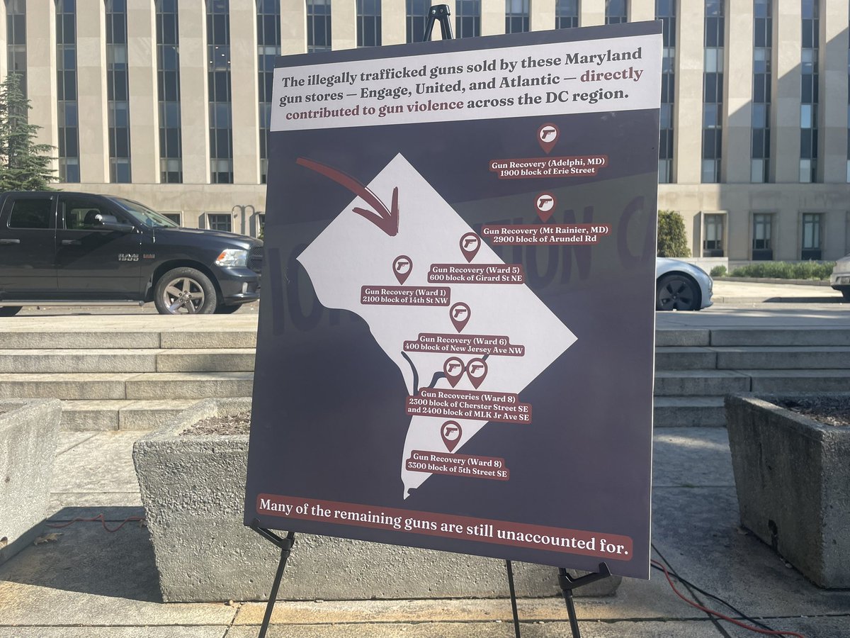 JessArnoldTV's tweet photo. The @DCAttorneyGen &amp; @OAGMaryland suing 3 gun stores for facilitating illegal gun trafficking by selling a total of 34 guns in 7 months to a man who then trafficked them to others. 

Here are the stores and some of the guns recovered. @wusa9 https://t.co/SAn0EdymW2