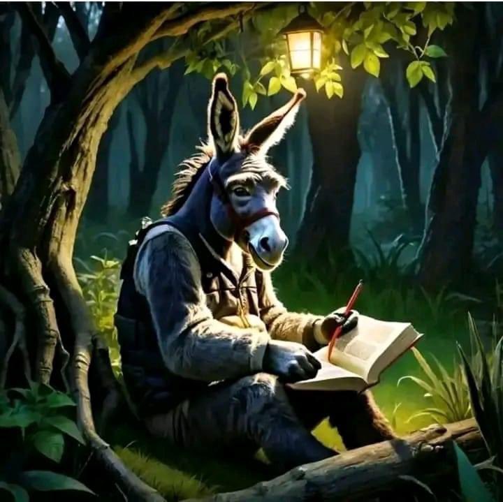 فتح الحمار مذكرة يومياته وكتب فيها :
« انا لا أعرف كـم مضى مـن الزمن على رحيــل الأســـد 
ولكن وصلت في نهاية عمري إلى قناعة راسخة لكنها قاسية ومؤلمة مفادها أن ديكتاتورية الأسد أفضل من حرية القردة والكــلاب فهـو لــم يكن يستعبـــدنا بل كــان يحمـينا مـــن قـــــرود تبيع نصف الغابة