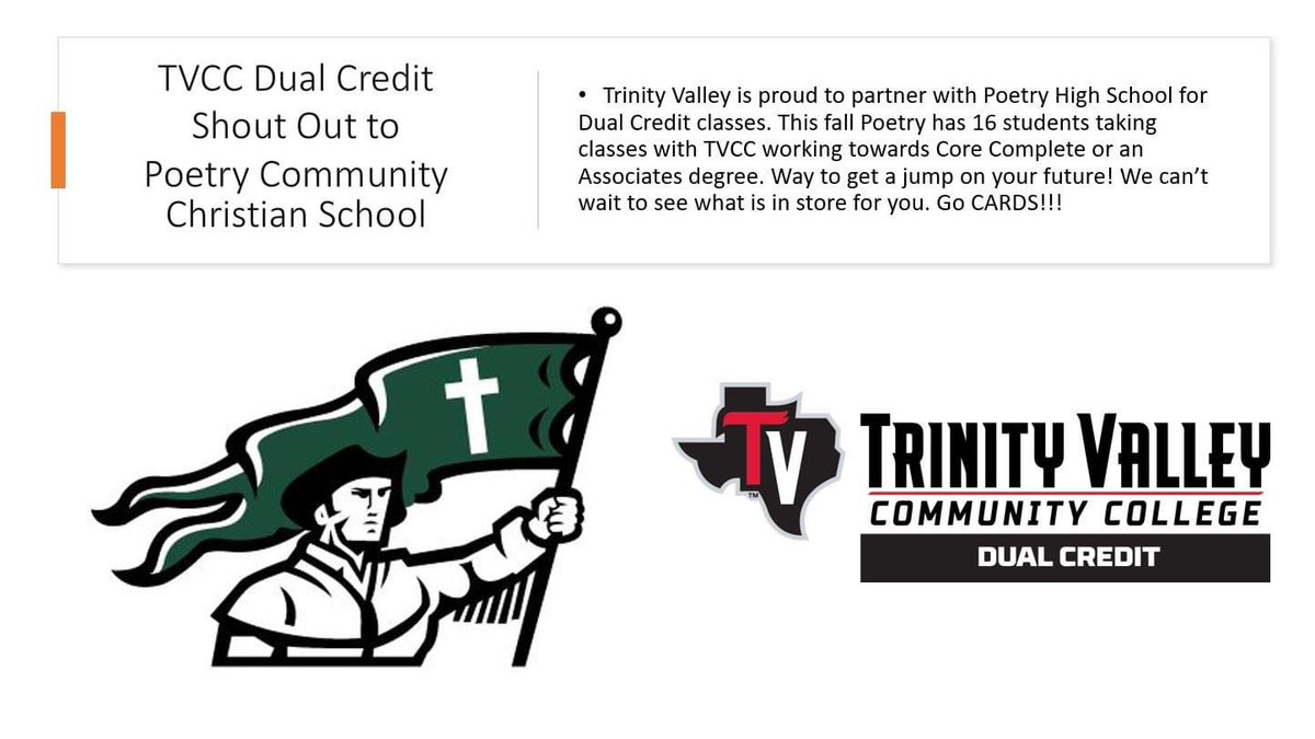 Dual Credit is proud to partner with Poetry Community Christian School. They have 16 students taking classes with us. WAY TO GO CARDS!!!