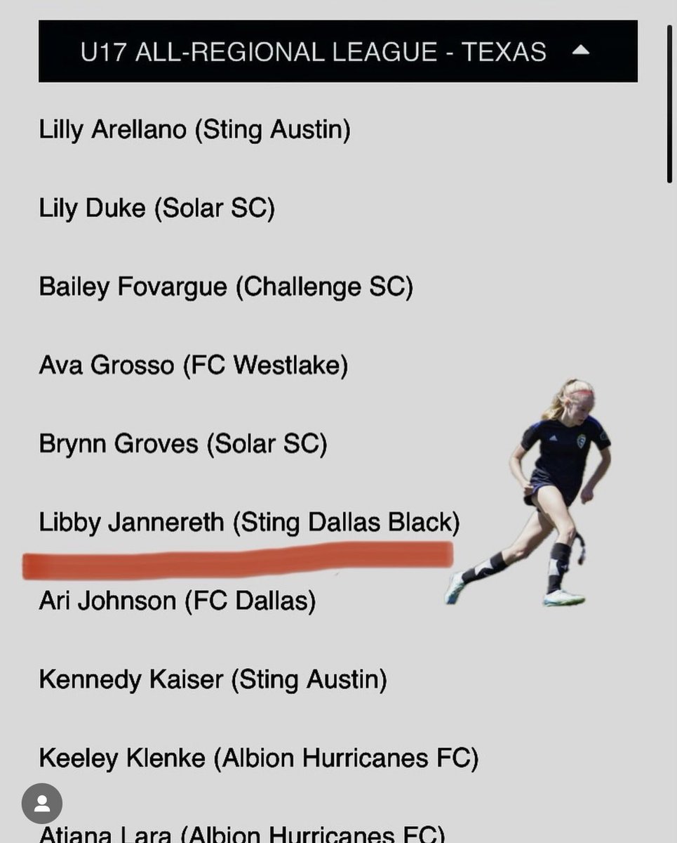 Libby Jannereth (@libbyjannereth) on Twitter photo Unbelievably honored to be included in the U17 ECNL all regional League for the Texas conference. Thank you to <a href="/tomas_boyle5/">Tomás Boyle</a> <a href="/adamflynnAF/">Adam Flynn</a> & <a href="/ECNLgirls/">ECNL Girls</a> for the recognition.
<a href="/TopDrawerSoccer/">TopDrawerSoccer</a> <a href="/ImCollegeSoccer/">College Soccer Truth ™</a> <a href="/TheSoccerWire/">SoccerWire</a> Unbelievably honored to be included in the U17 ECNL all regional League for the Texas conference. Thank you to <a href="/tomas_boyle5/">Tomás Boyle</a> <a href="/adamflynnAF/">Adam Flynn</a> & <a href="/ECNLgirls/">ECNL Girls</a> for the recognition.
<a href="/TopDrawerSoccer/">TopDrawerSoccer</a> <a href="/ImCollegeSoccer/">College Soccer Truth ™</a> <a href="/TheSoccerWire/">SoccerWire</a>