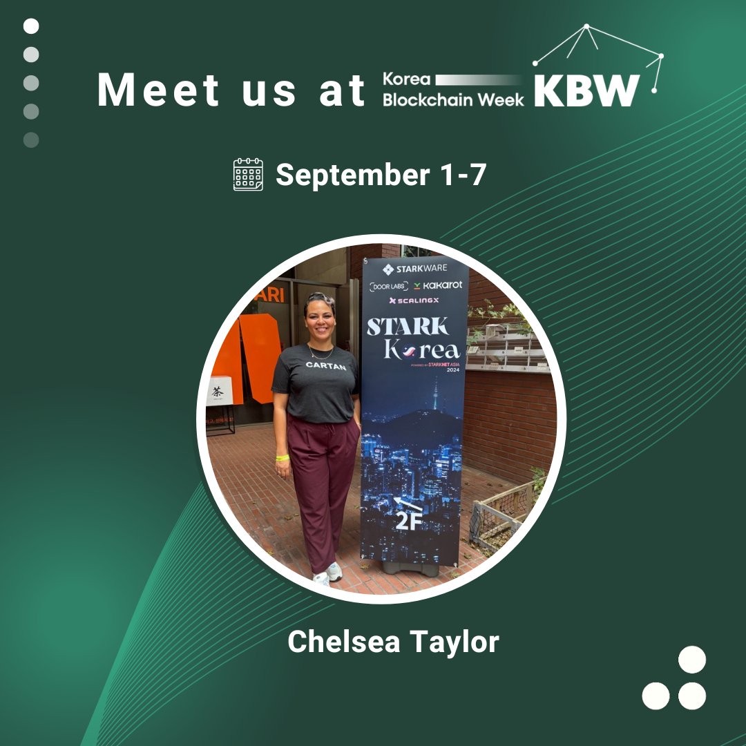 Chelsea Taylor from <a href="/CartanGroup/">Cartan Group</a> is at #KoreaBlockchainWeek2024! 

Connect to discuss Web3 DAO services: Foundation Setup, Governance, Financial Ops, Marketing, and Talent Solutions. 

Reach out to ctaylor@cartan.group to schedule a meeting!