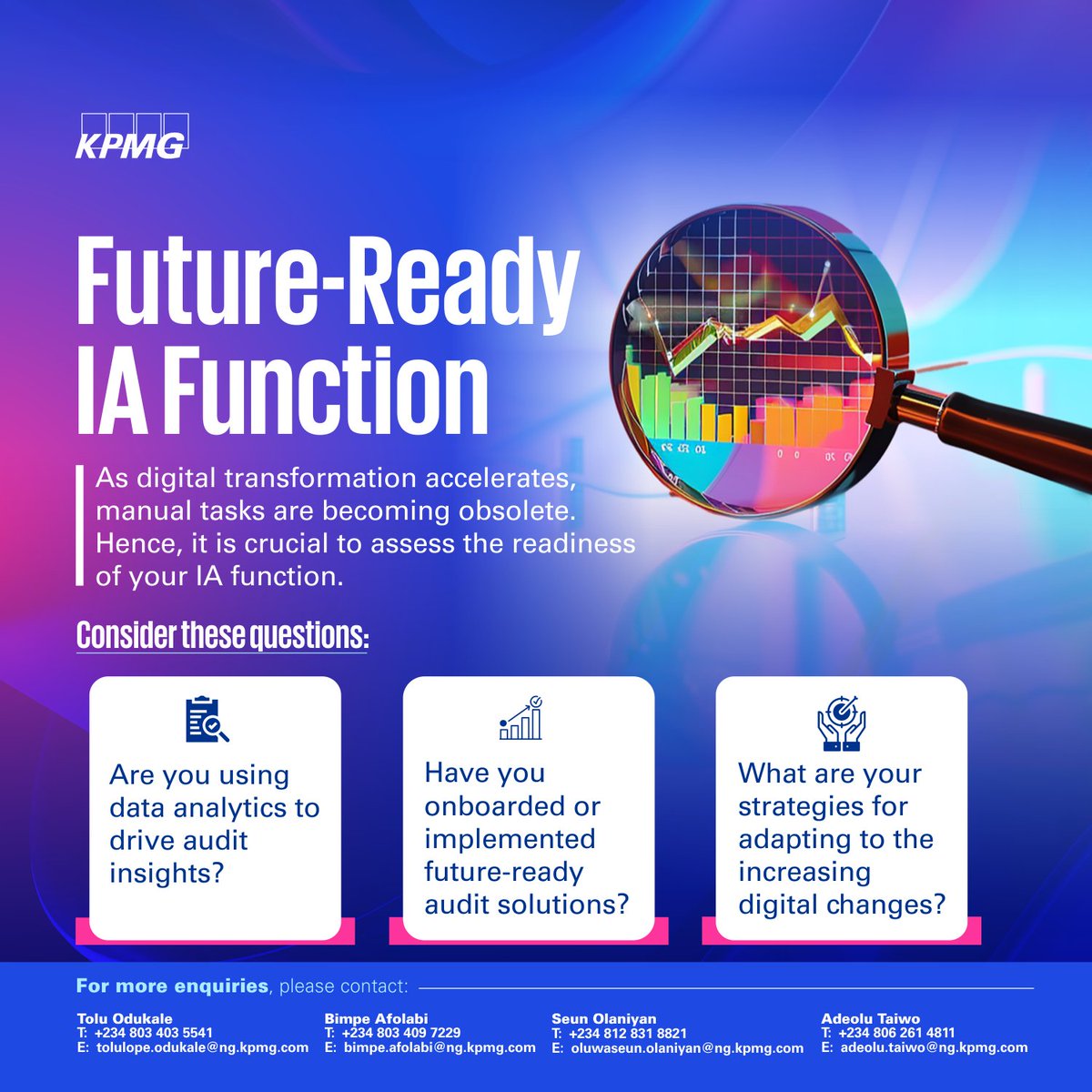 KPMG_NG's tweet image. Manual tasks are becoming obsolete as digital transformation accelerates. Hence, it is crucial to assess the readiness of your Internal Audit (IA) function.

Consider the questions in the flyer to assess your Internal Audit function.

#KPMG #InternalAudit #ContinousMonitoring