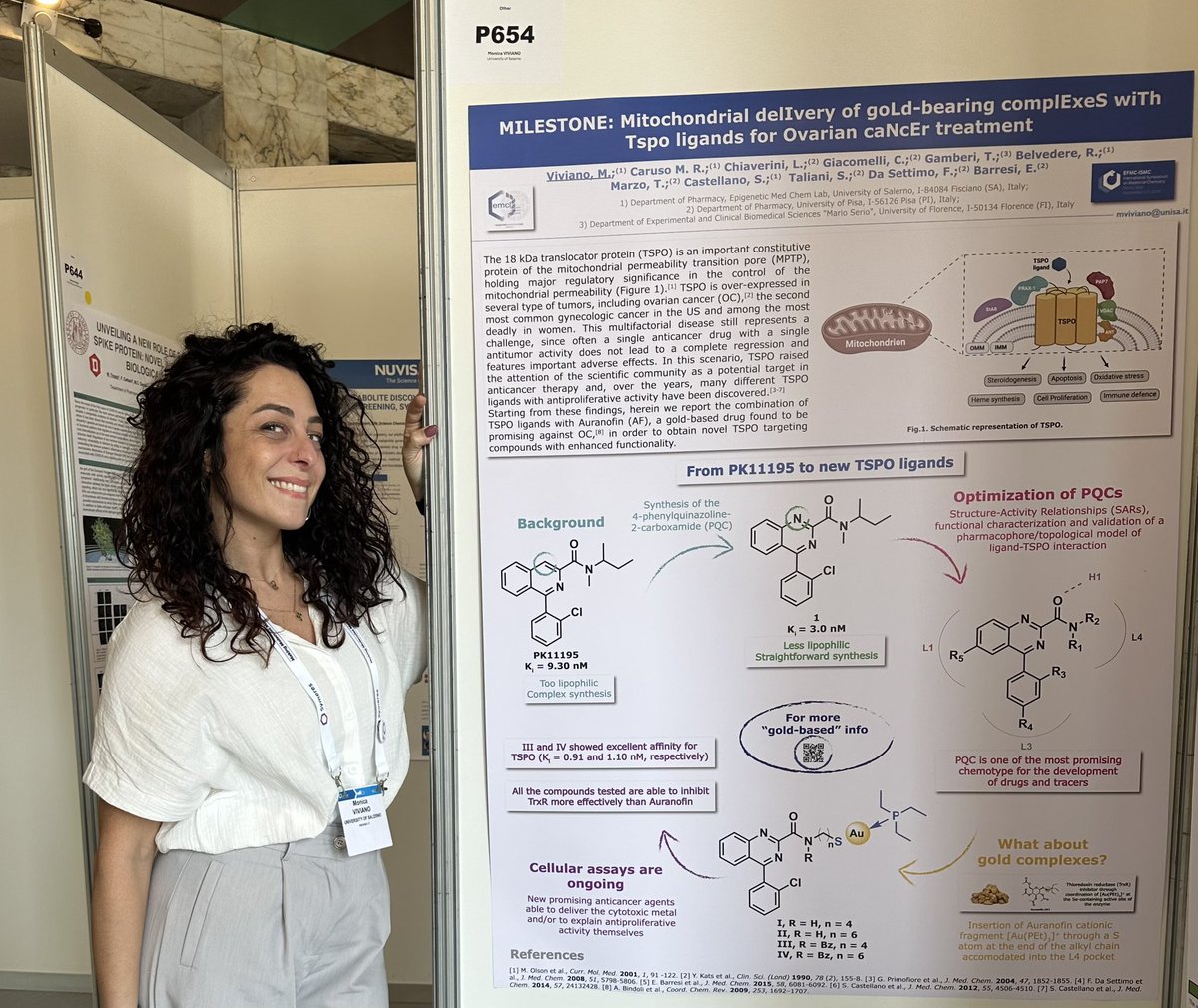 Monica Viviano (@monica_viviano) on Twitter photo Poster session #2 will start soon at #EFMCISMC24. What a wonderful experience in Rome for <a href="/EpiMedChemLab/">EpigeneticMedChemLab</a> ! I’m very happy to present my poster on gold complexes as new TSPO ligands for ovarian cancer treatment.
Hope to see you at 654 stand! Poster session #2 will start soon at #EFMCISMC24. What a wonderful experience in Rome for <a href="/EpiMedChemLab/">EpigeneticMedChemLab</a> ! I’m very happy to present my poster on gold complexes as new TSPO ligands for ovarian cancer treatment.
Hope to see you at 654 stand!