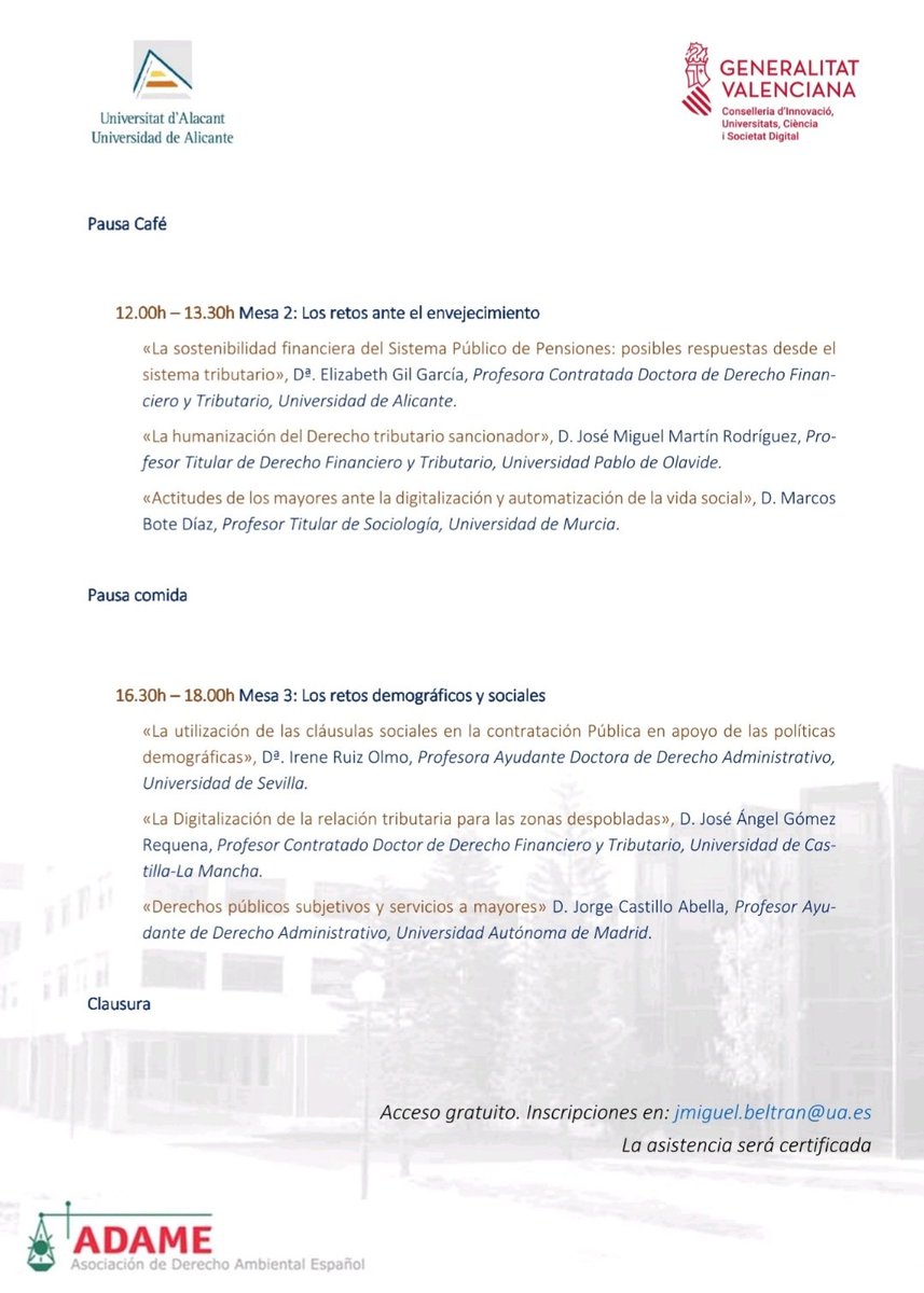 Elizabeth (@_elizabethgil) on Twitter photo 📢 El próximo #13septiembre organizamos la jornada LA DIGITALIZACIÓN DE LAS ADMINISTRACIONES PÚBLICAS ANTE LOS RETOS DEL ENVEJECIMIENTO en <a href="/Derecho_UA/">Facultat de Dret de la UA - Facultad Derecho UA</a> <a href="/UA_Universidad/">Universidad de Alicante UA</a>
💡Con un interesante programa que podéis consultar mas abajo 👇
¡Os esperamos! 📢 El próximo #13septiembre organizamos la jornada LA DIGITALIZACIÓN DE LAS ADMINISTRACIONES PÚBLICAS ANTE LOS RETOS DEL ENVEJECIMIENTO en <a href="/Derecho_UA/">Facultat de Dret de la UA - Facultad Derecho UA</a> <a href="/UA_Universidad/">Universidad de Alicante UA</a>
💡Con un interesante programa que podéis consultar mas abajo 👇
¡Os esperamos!