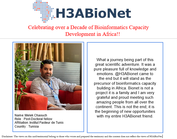 MelekChaouch's tweet image. #H3ABioNetClosing #H3ABioNetImpact #ThankYouH3ABioNet @Nicky_Mulder @VerenaRas @lj_zass @KateyJohnston @SFatumo @ItunuIsewon @Chaimae7sam @FouziaRadouani 🇹🇳