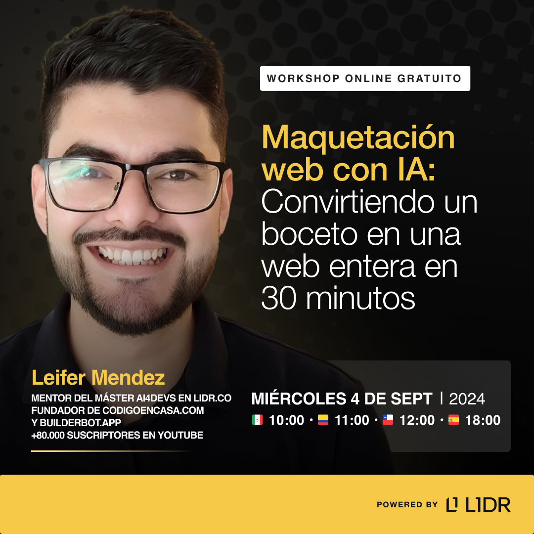 Lidr | Training great Tech Leaders (@lidr_cto) on Twitter photo Después de unas merecidas vacaciones, volvemos con un taller online con el crack en frontend e IA, <a href="/LeiferMendez/">Leifer Mendez</a>🧑💻 Aprende a convertir bocetos en sitios web interactivos usando IA. ¡Resultados pro en tiempo récord! 🚀
Reserva tu asiento aquí: lidr.co/workshop-webia… Después de unas merecidas vacaciones, volvemos con un taller online con el crack en frontend e IA, <a href="/LeiferMendez/">Leifer Mendez</a>🧑💻 Aprende a convertir bocetos en sitios web interactivos usando IA. ¡Resultados pro en tiempo récord! 🚀
Reserva tu asiento aquí: lidr.co/workshop-webia…